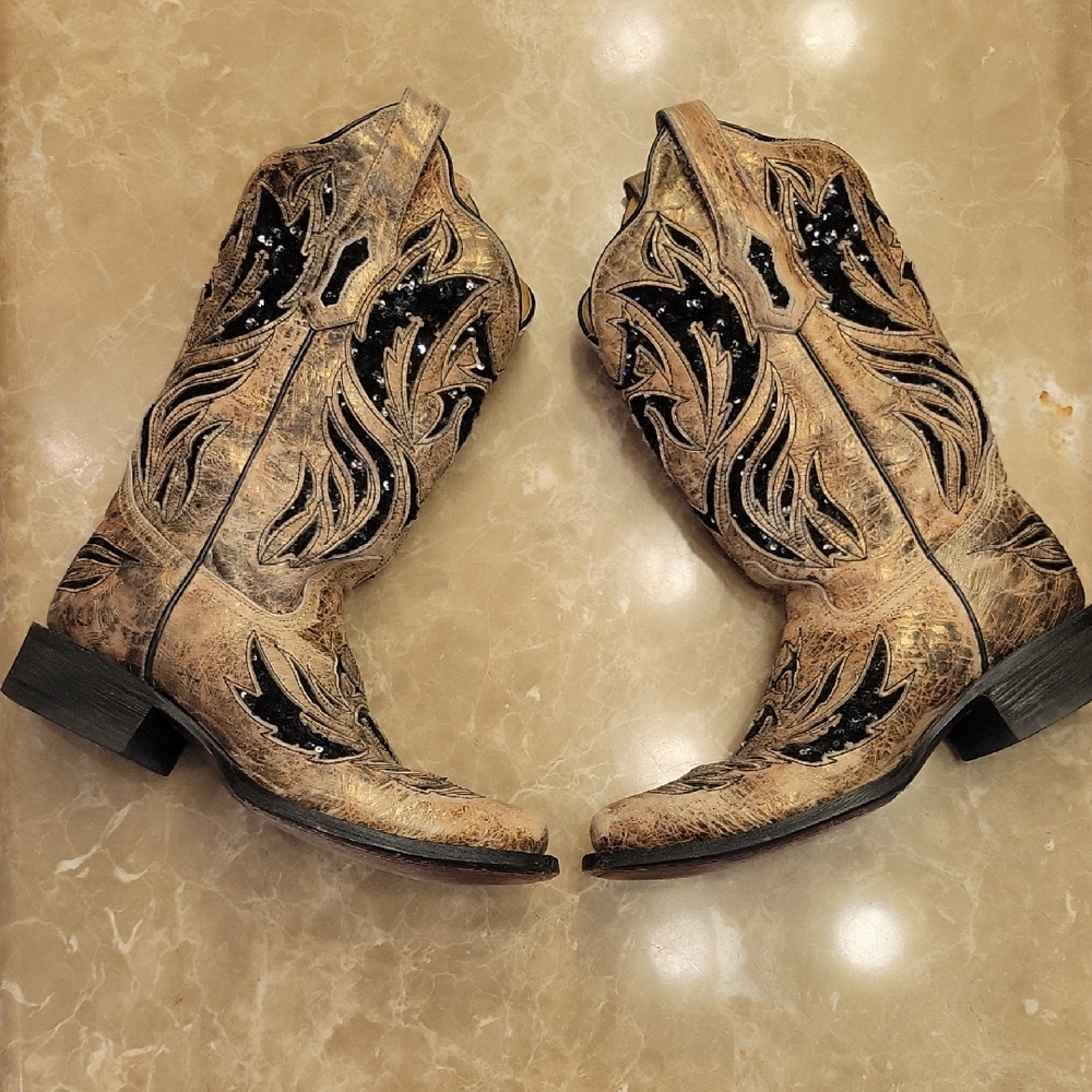 Corral Women's Western Cowboy Boots Black and Tan Leather, 7.5 - Picture 2 of 16